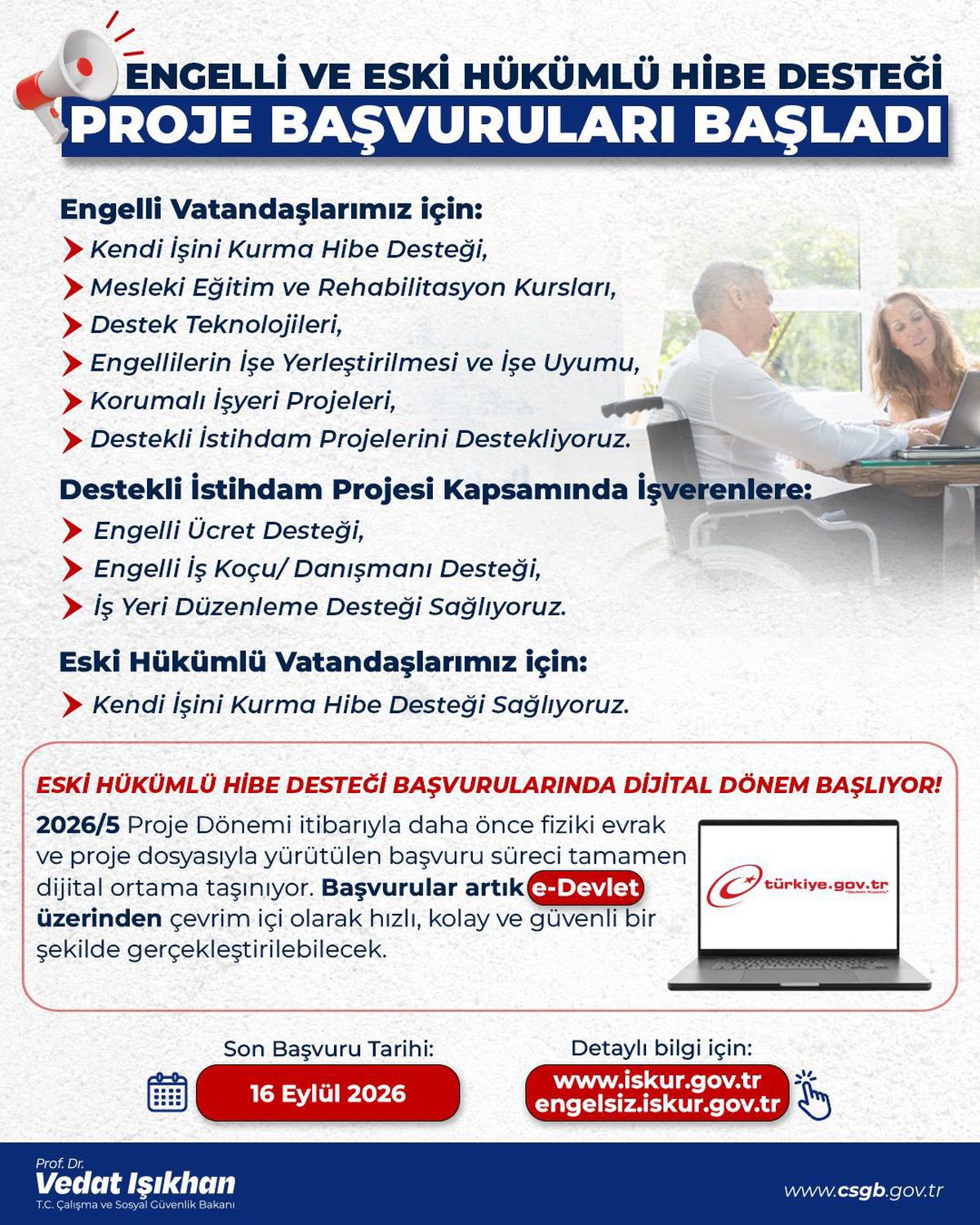 Engelli ve Eski Hükümlülere Hibe Desteği Başvuruları Başladı