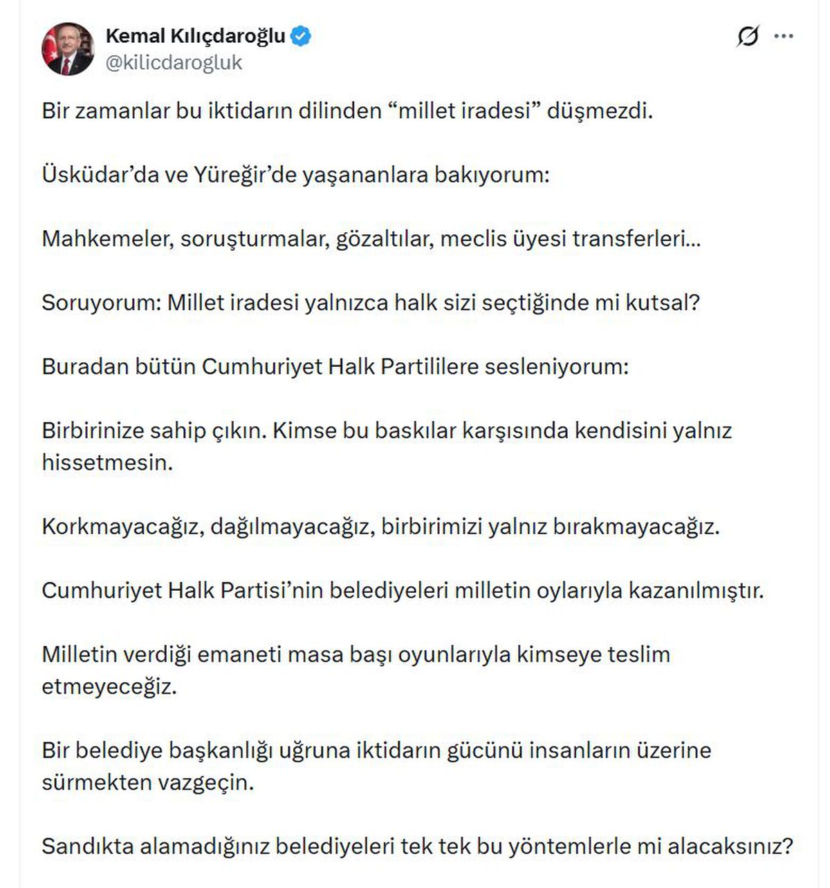 Kılıçdaroğlu: Milletin verdiği emaneti masa başı oyun larıyla kimseye teslim etmeyeceğiz