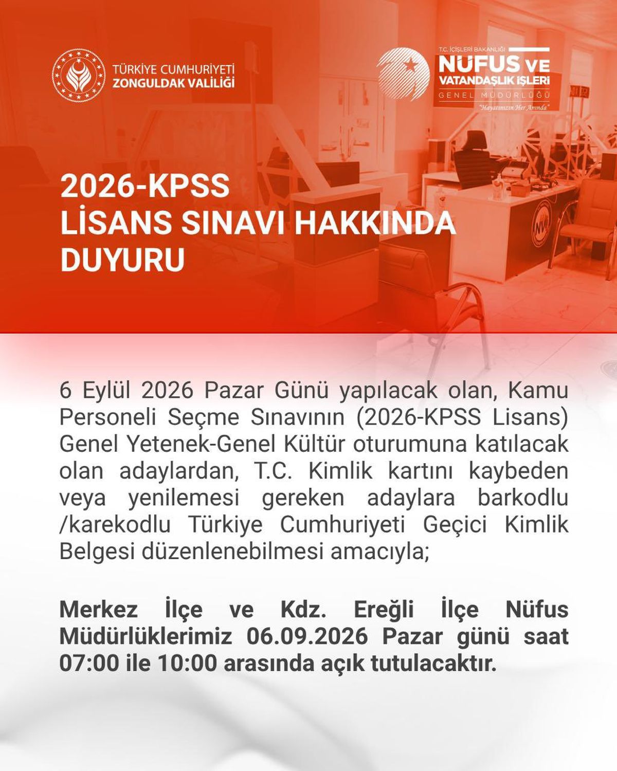 KPSS’ye girecekler için nüfus müdürlüklerinde sınav günü mesaisi