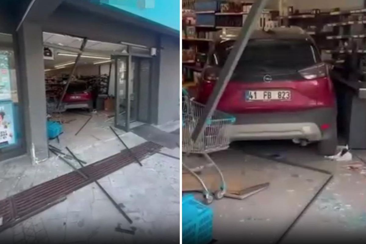 İzmit'te kontrolden çıkan otomobil markete daldı! Çalışanlar korkuyla dışarı kaçtı