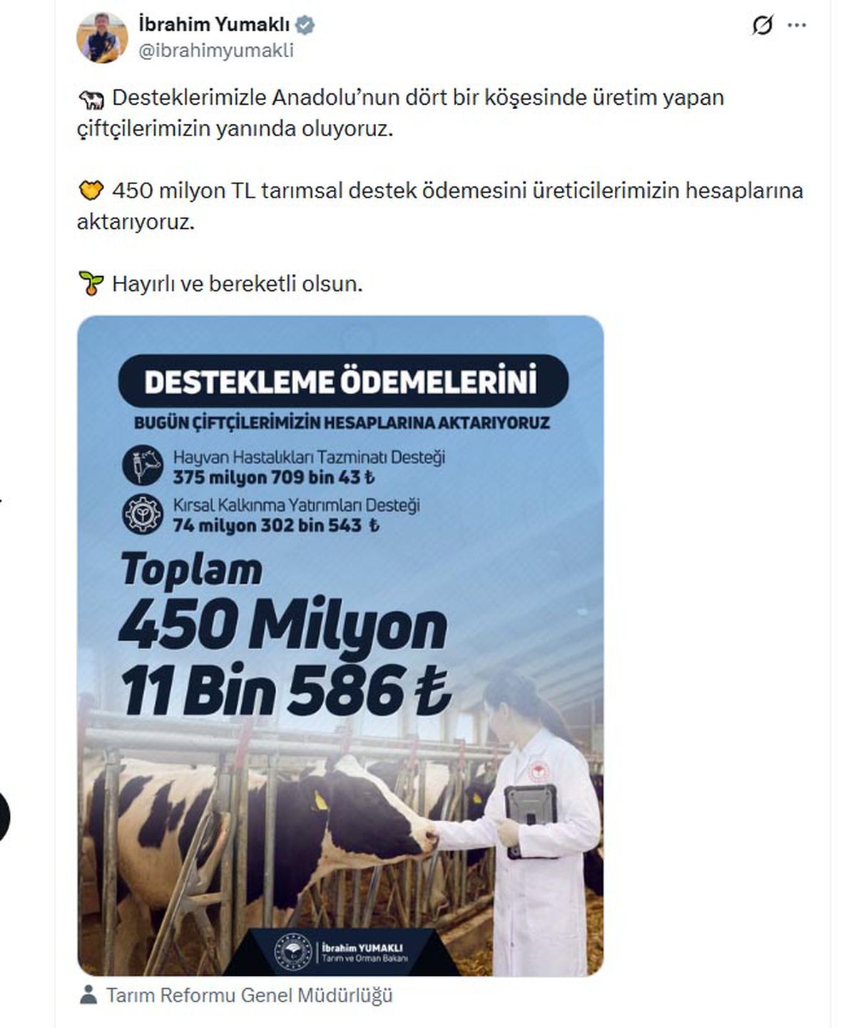 Tarım ve Orman Bakanı Yumaklı: 450 milyon TL tarımsal destek ödemesi hesaplara aktarılıyor