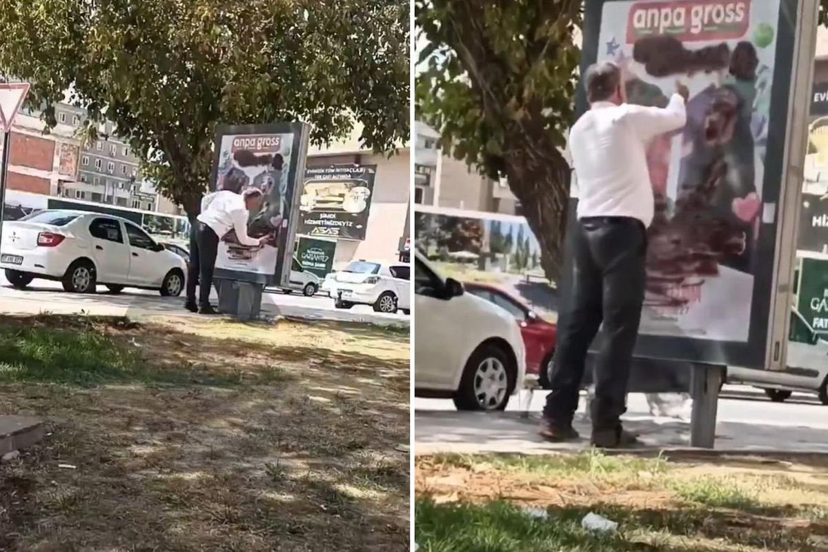 Reklam panosundaki afişi sprey boya ile kapattı! Gerekçesi de olay kadar ilginç