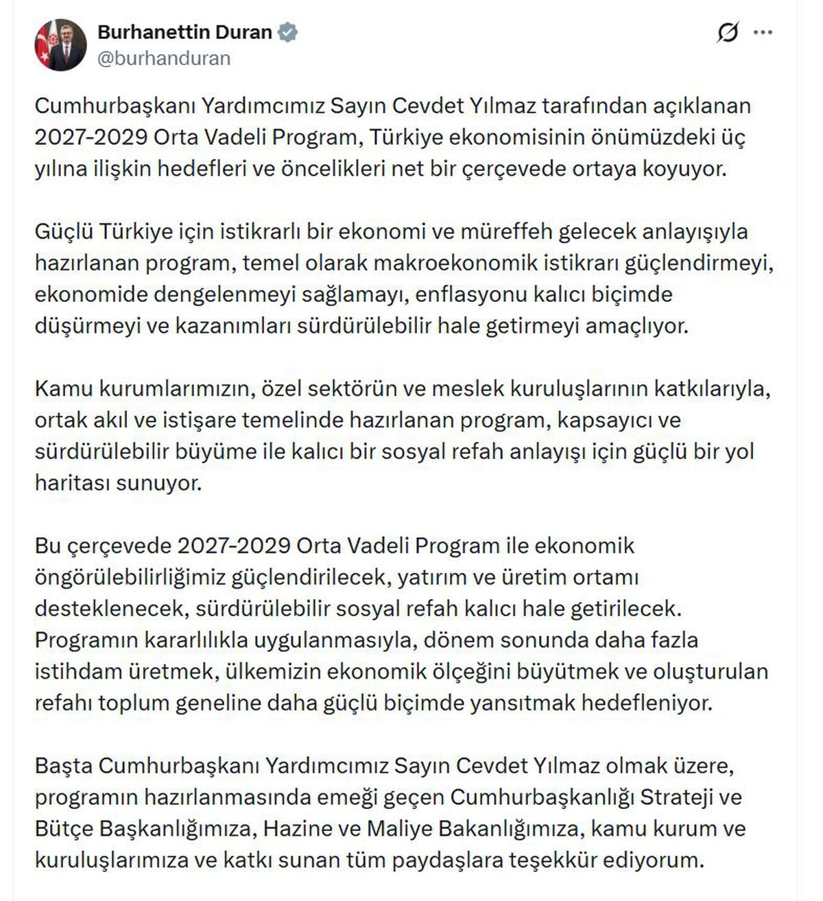 İletişim Başkanı Duran: 2027-2029 OVP ile ekonomik öngörülebilirlik güçlendirilecek