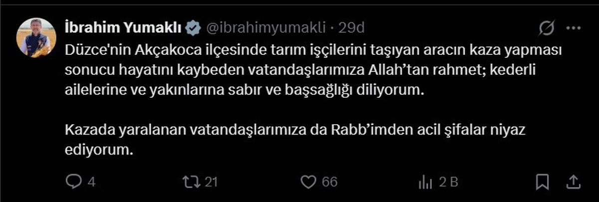Bakan Yumaklı Düzce’deki kaza sonrası başsağlığı mesajı yayınladı