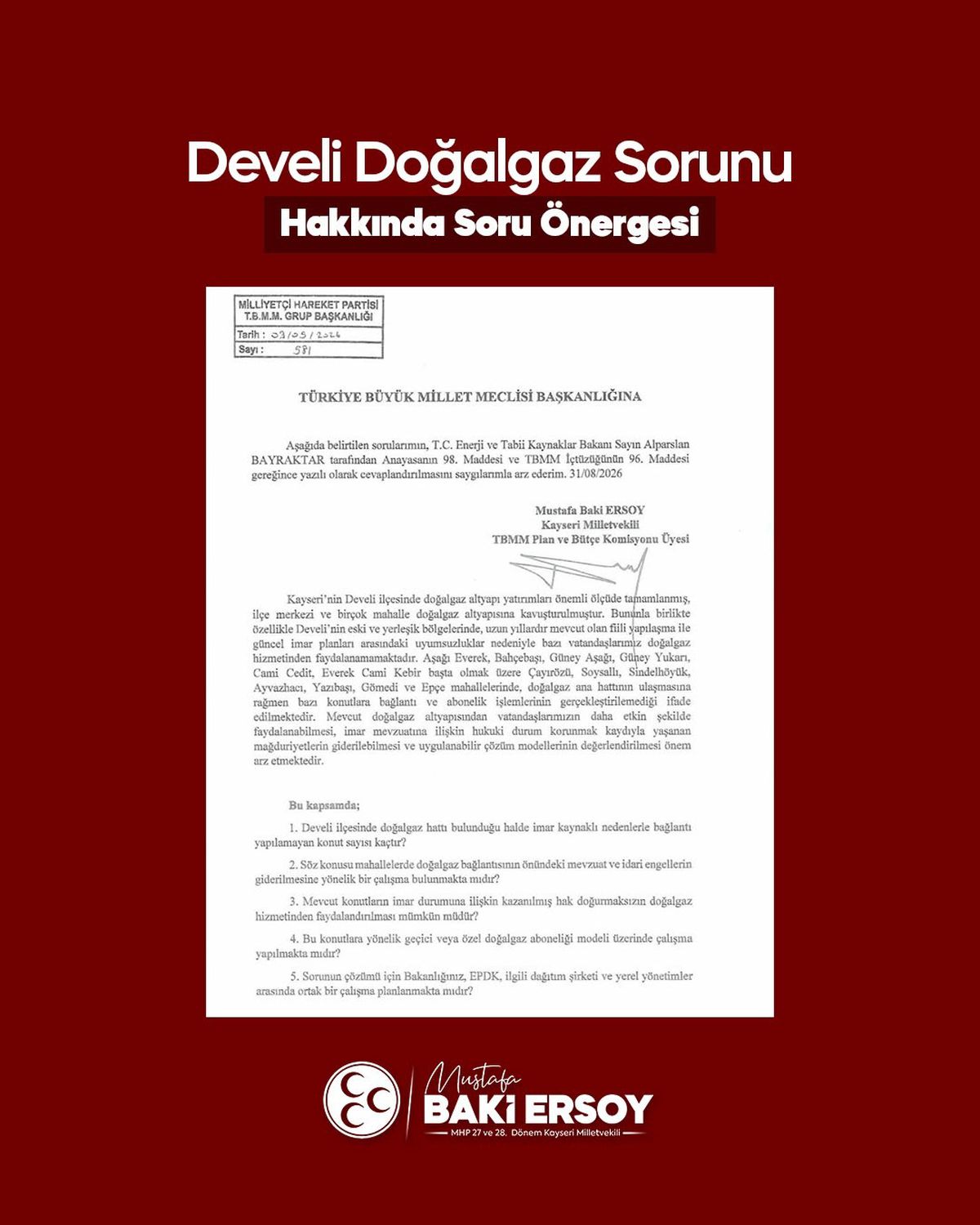Baki Ersoy, Develi’deki doğalgaz sorununu meclis gündemine taşıdı