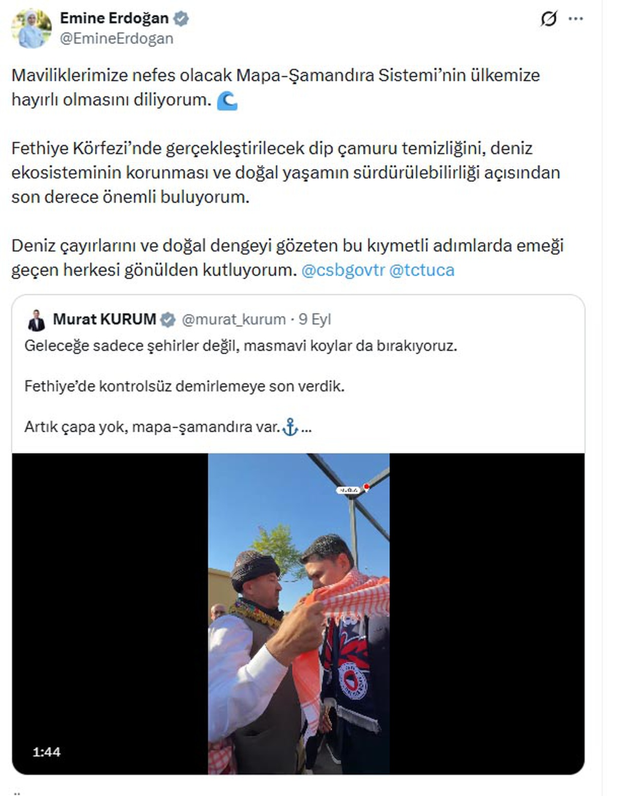 Emine Erdoğan'dan 'Mapa-Şamandıra' mesajı: Ülkemize hayırlı olsun