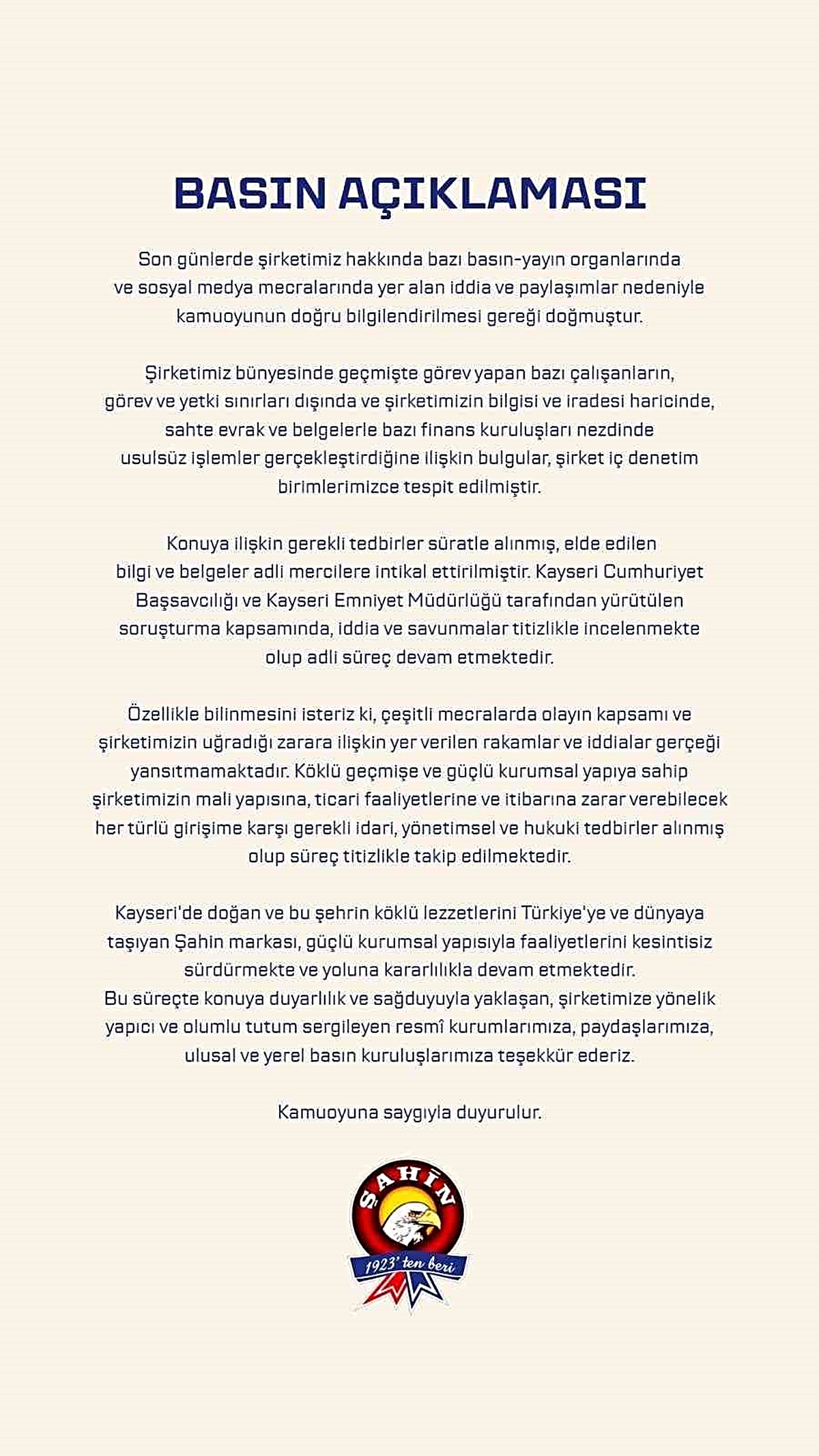 Şahin Sucukları’ndan usulsüzlük iddialarına açıklama: 'Süreç titizlikle takip ediliyor'