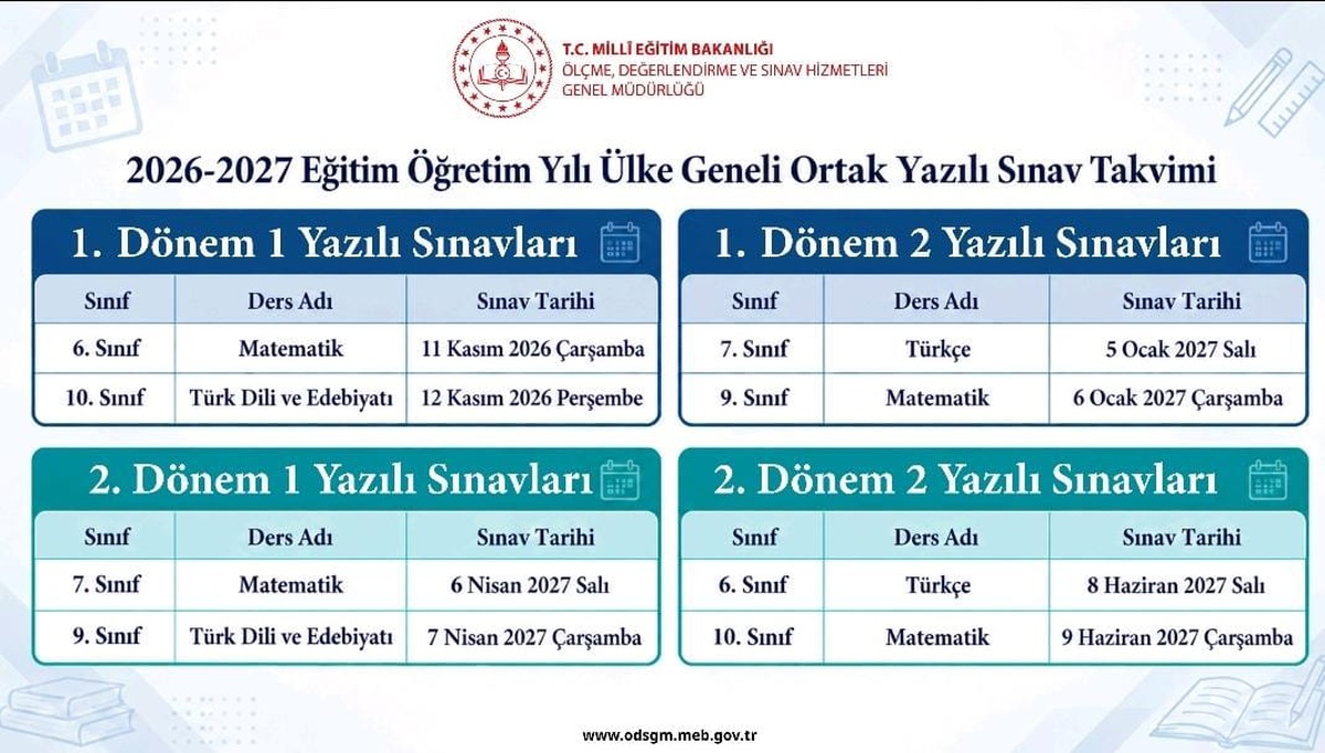 Ülke geneli ortak yazılı sınav takvimi belli oldu