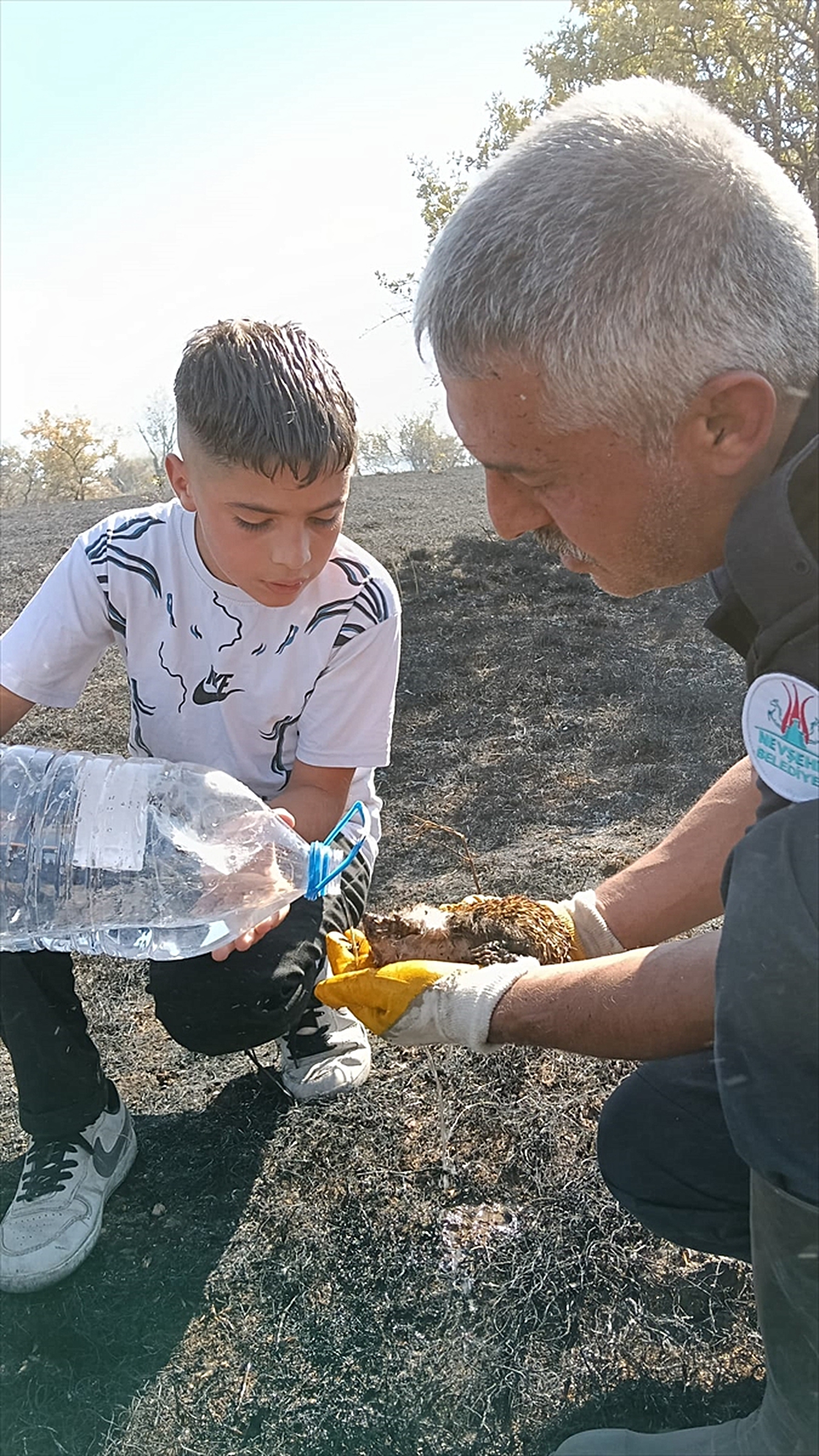 Nevşehir'de itfaiye eri yangından kurtardığı kirpiye su verdi