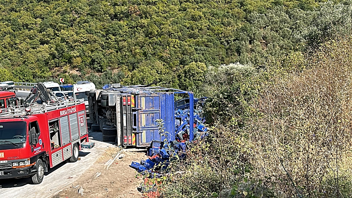 Virajda yol kenarındaki otomobile çarpan kamyon devrildi; 1 ölü, 1 yaralı