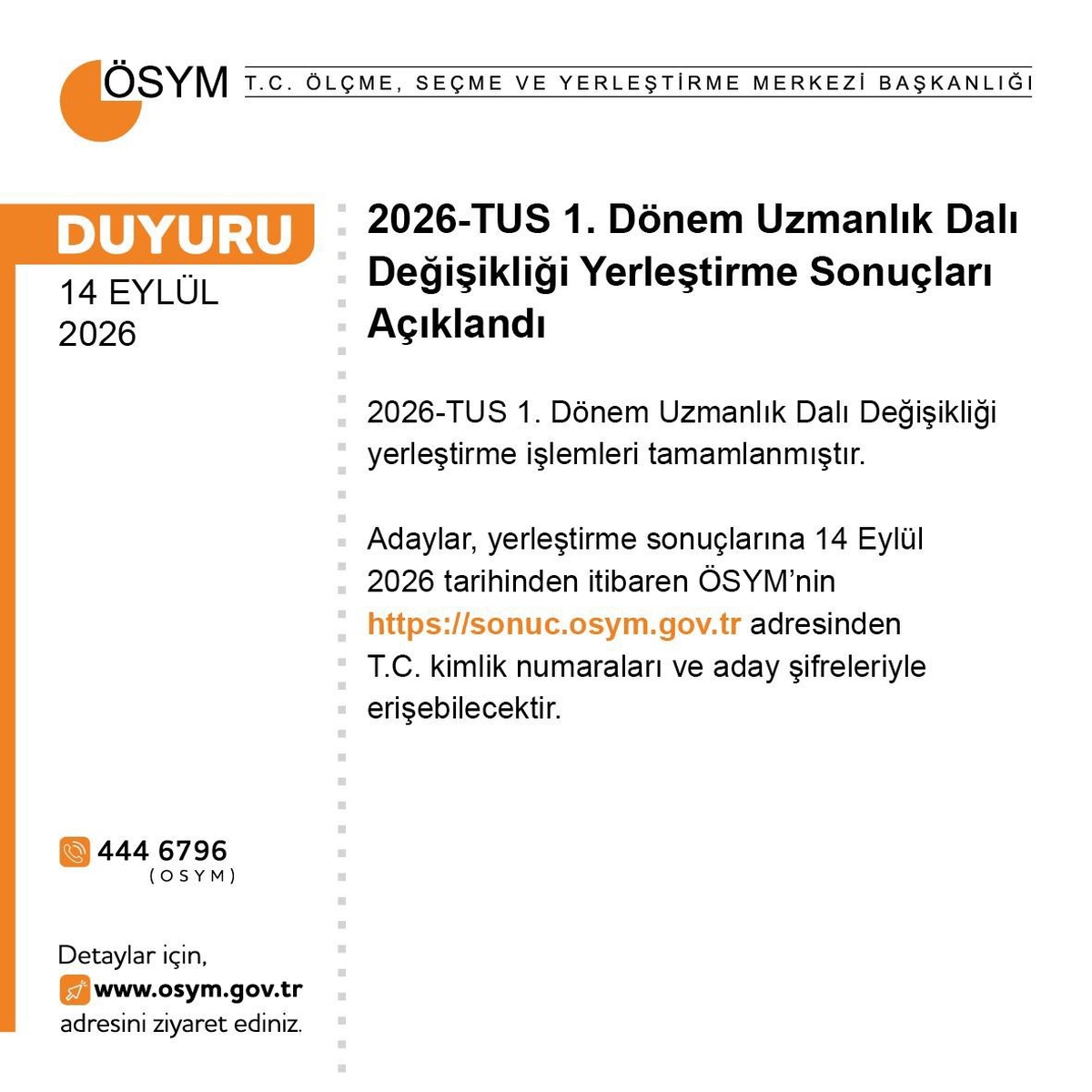 ÖSYM: '2026-TUS 1. Dönem Uzmanlık Dalı Değişikliği yerleştirme sonuçları açıklandı'