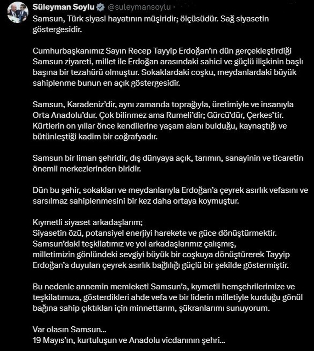 Süleyman Soylu: 'Samsun, Türk siyasi hayatının müşiridir; ölçüsüdür'