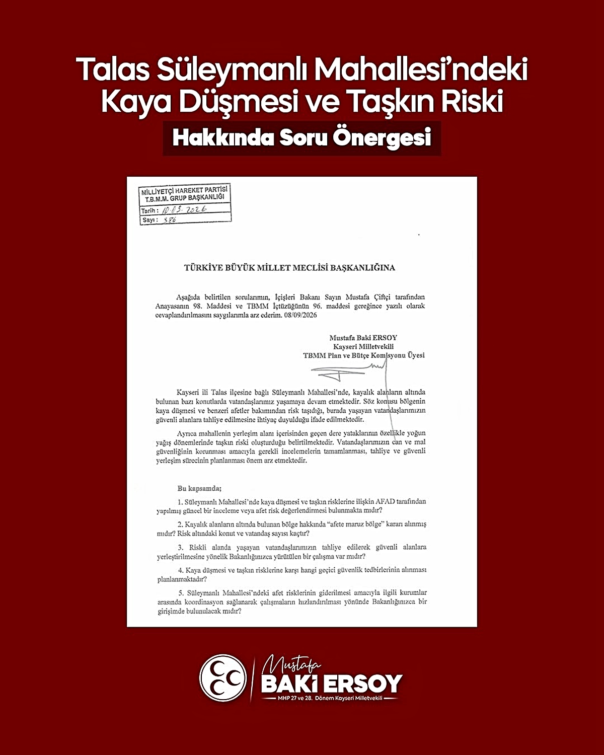 Ersoy, Süleymanlı Mahallesi’ndeki afet riskini meclis gündemine taşıdı