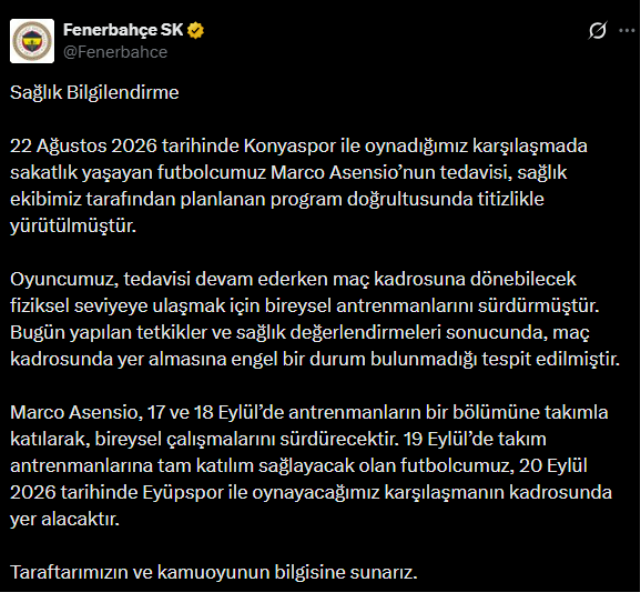 Fenerbahçe Marco Asensio'nun Eyüpspor maçında kadroda olacağını açıkladı