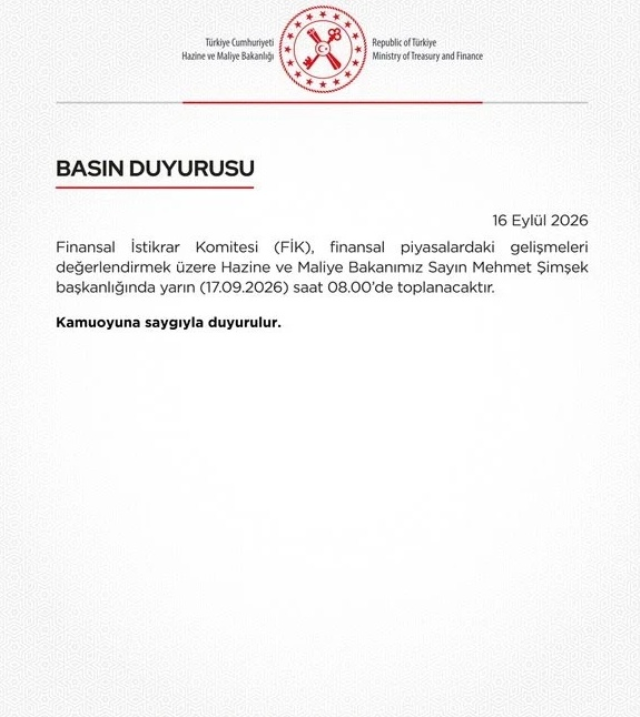 Finansal İstikrar Komitesi Hazine ve Maliye Bakanı Mehmet Şimşek başkanlığında toplanacak