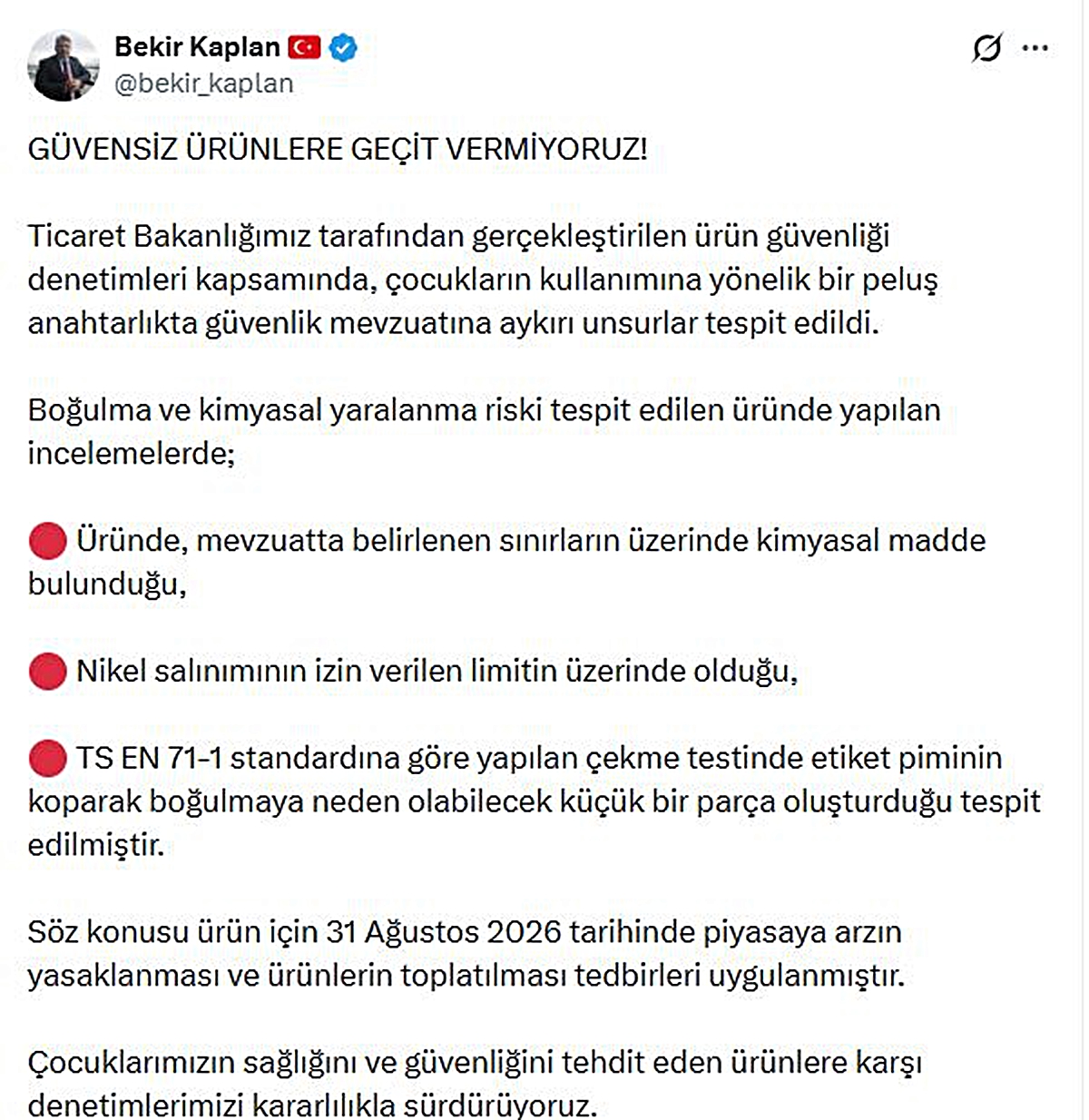 Ticaret Bakanlığından çocuklar açısından risk taşıdığı tespit edilen anahtarlık için toplatma kararı