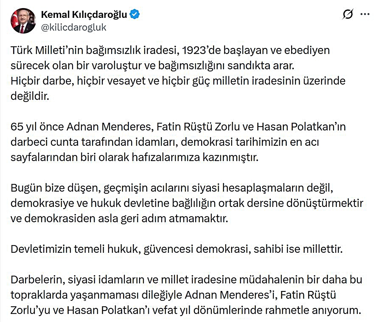 Kılıçdaroğlu: Menderes, Zorlu ve Polatkan’ı rahmetle anıyorum