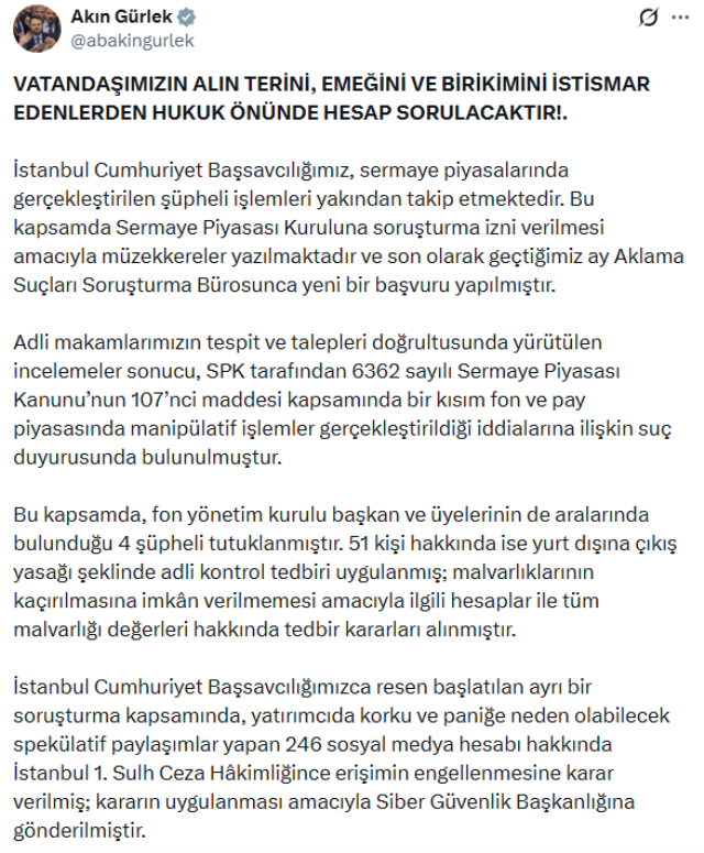Akın Gürlek'ten fon açıklaması: Fon Yönetim Kurulu Başkan ve üyeleri dahil 4 kişi tutuklandı