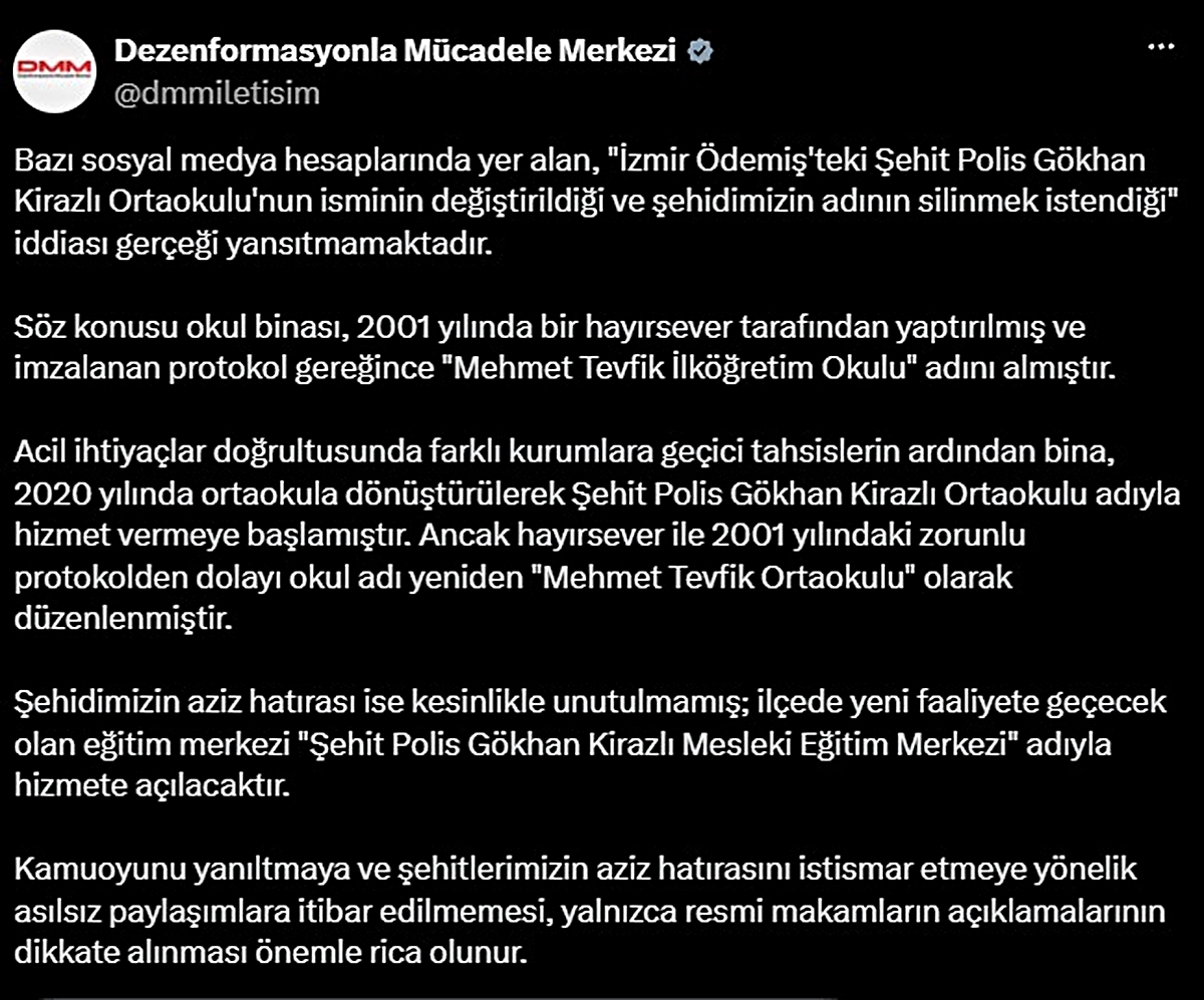 DMM'den İzmir'de ismi değiştirilen okula ilişkin açıklama