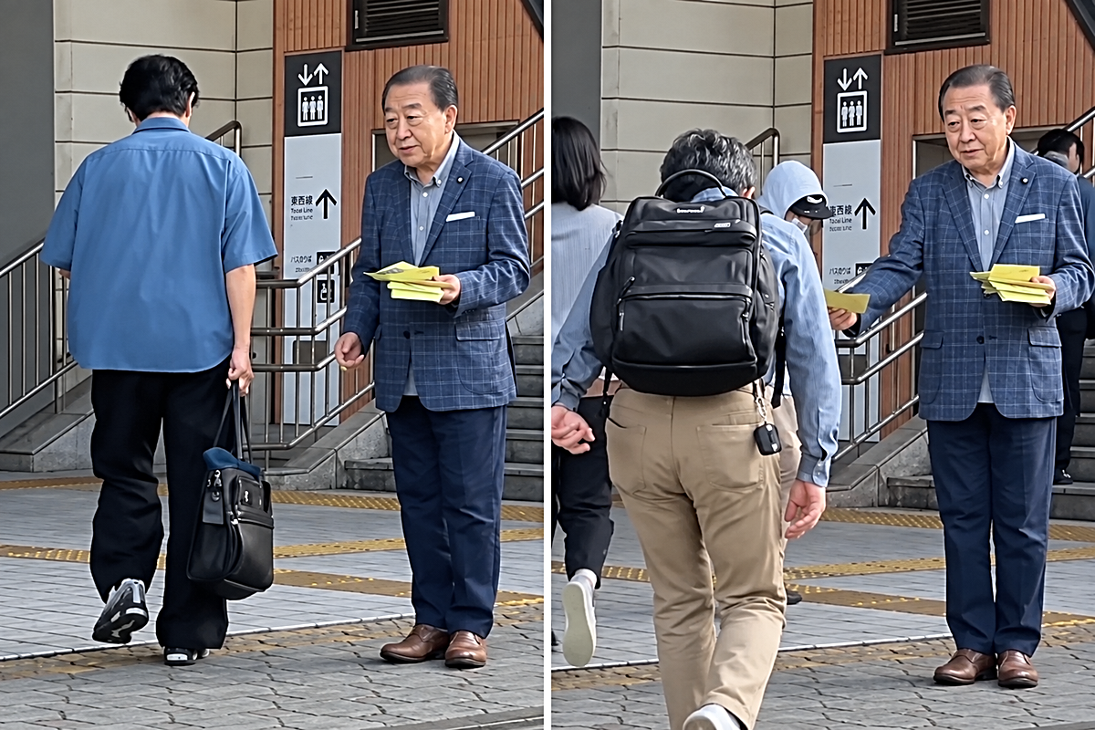 Japonya'nın eski başbakanı sokakta broşür dağıtırken görüntülendi