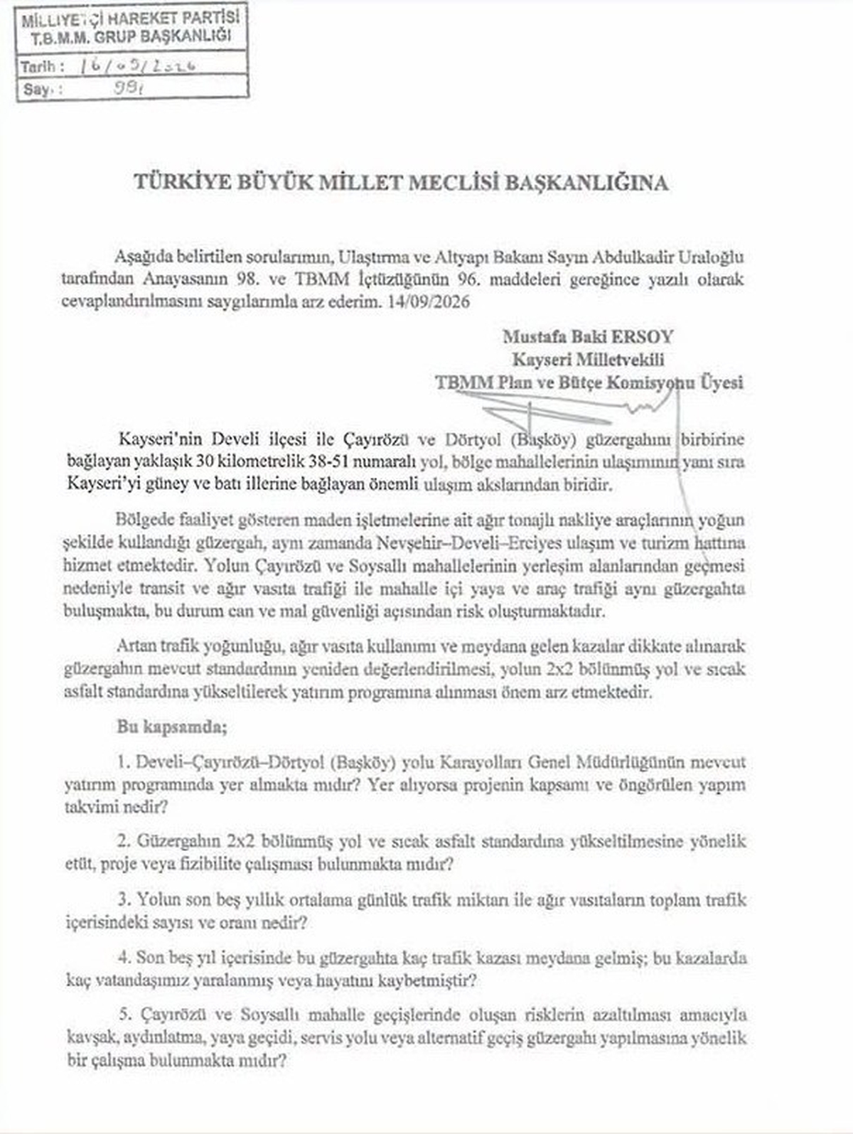 MHP’li Ersoy; Develi - Çayırözü- Dörtyol ulaşım güvenliğini meclise taşıdı