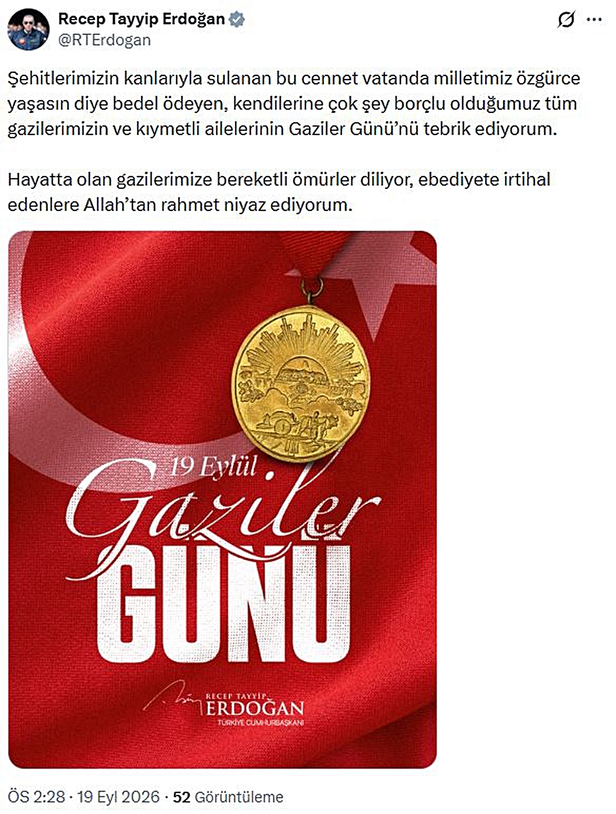 Cumhurbaşkanı Erdoğan: Tüm gazilerimizin ve ailelerinin Gaziler Günü'nü tebrik ediyorum