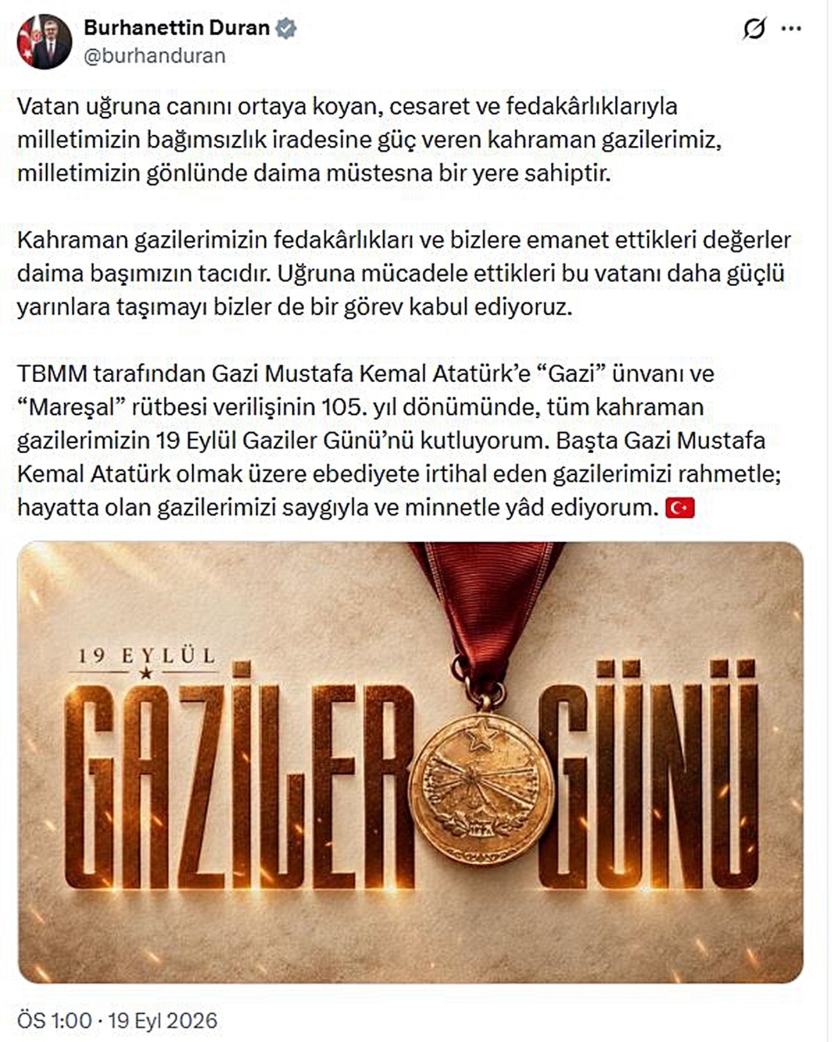 İletişim Başkanı Duran, Atatürk'e Gazi ünvanı verilişinin 105. yılında mesaj paylaştı