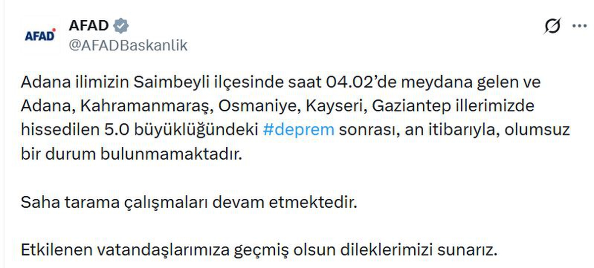 Adana Saimbeyli'de 5.0 büyüklüğünde deprem oldu, olumsuz durum bulunmuyor