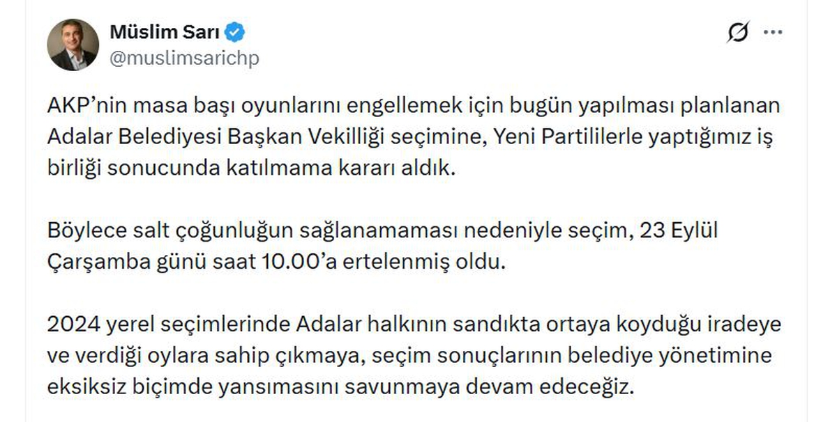 CHP'li Sarı, Adalar Belediyesi Başkan Vekilliği seçimine katılmayacaklarını açıkladı