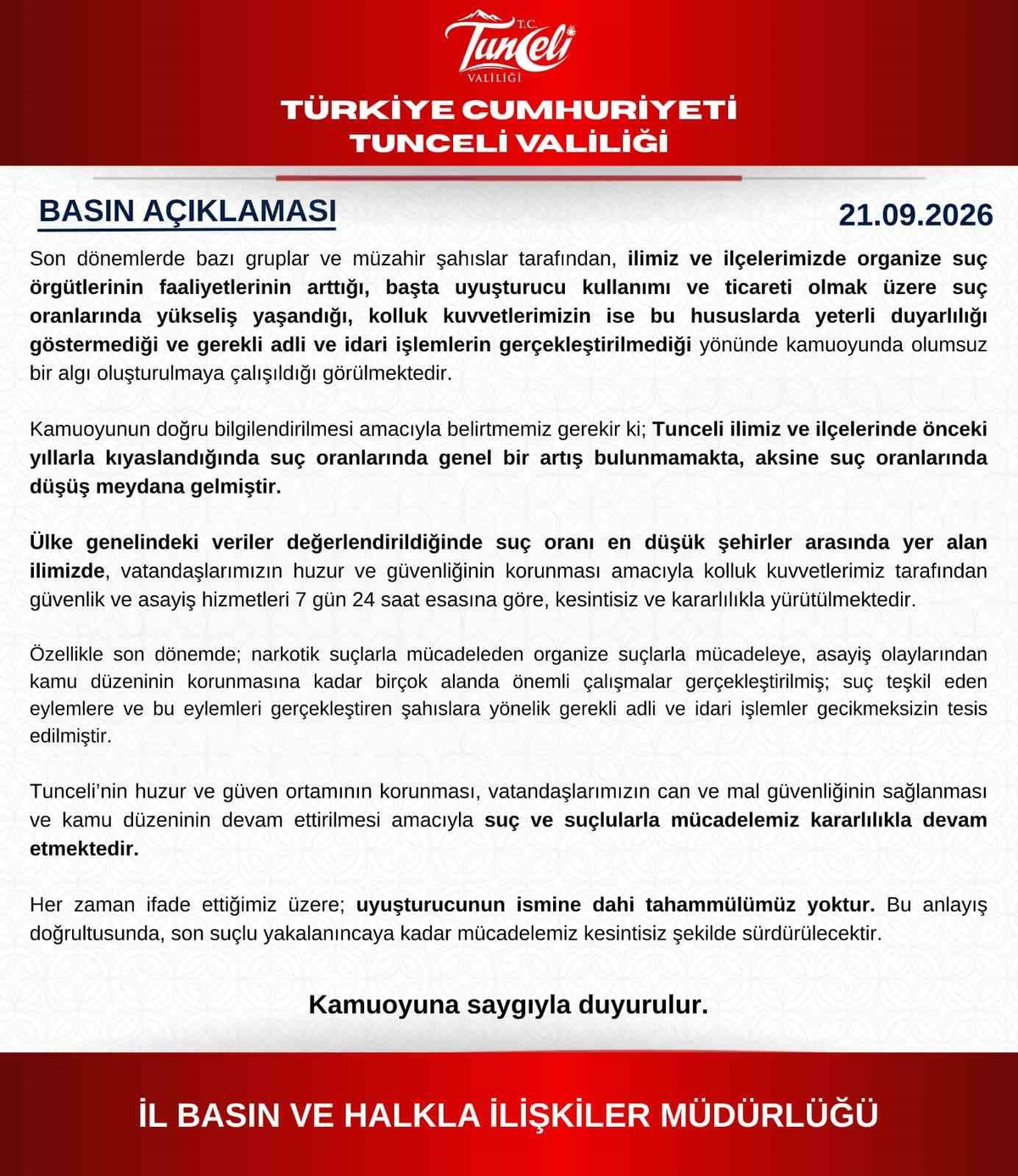 Tunceli Valiliği suç oranlarına ilişkin iddiaları yalanladı, düşüş olduğunu açıkladı