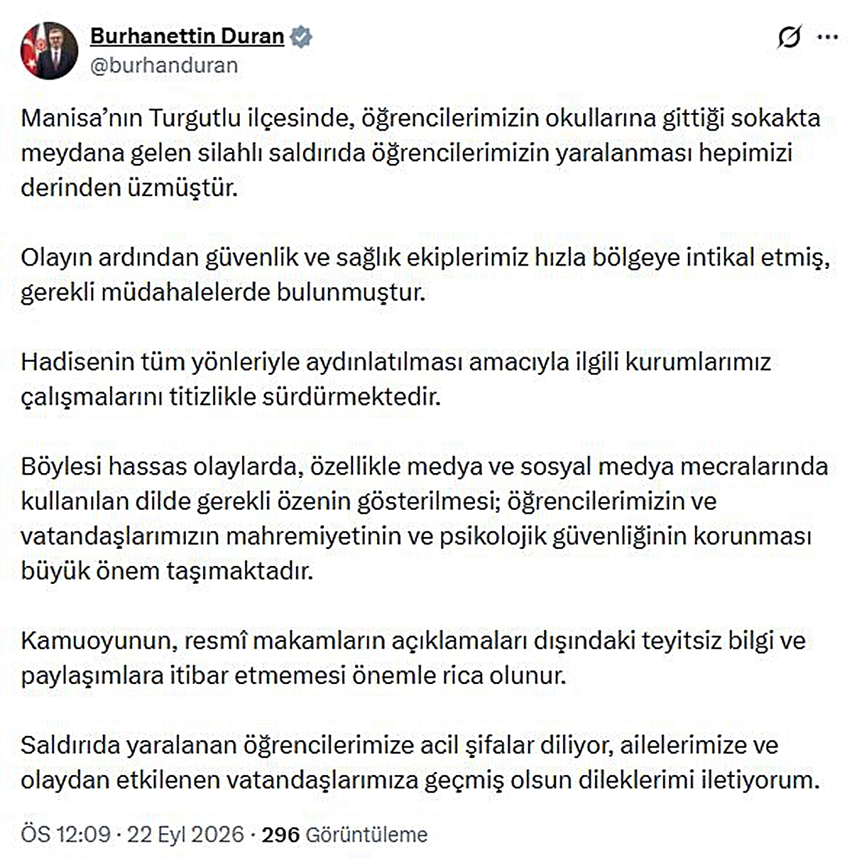 İletişim Başkanı Duran, Manisa Turgutlu'daki saldırıda yaralanan öğrencilere şifa diledi