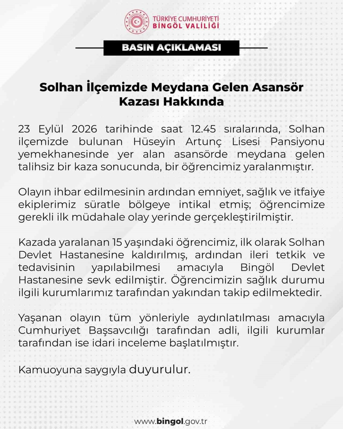 Bingöl Valiliği Solhan'daki asansör kazasında bir öğrencinin yaralandığını bildirdi