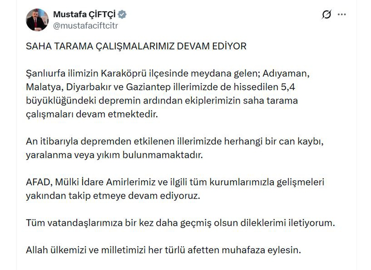 Bakan Çiftçi, Karaköprü'deki 5.4'lük depremde yaralanma ve yıkım olmadığını söyledi