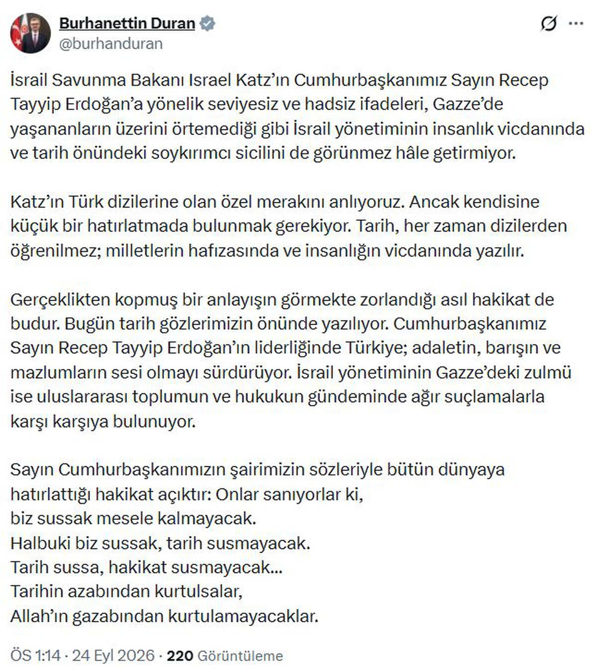 İletişim Başkanı Duran'dan, İsrail Savunma Bakanı Katz'a tepki