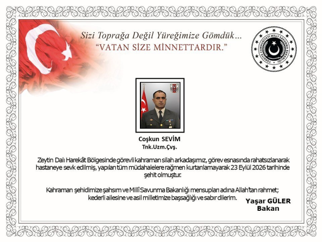 Zeytin Dalı Harekat Bölgesi'nden acı haber: Bir askerimiz şehit oldu