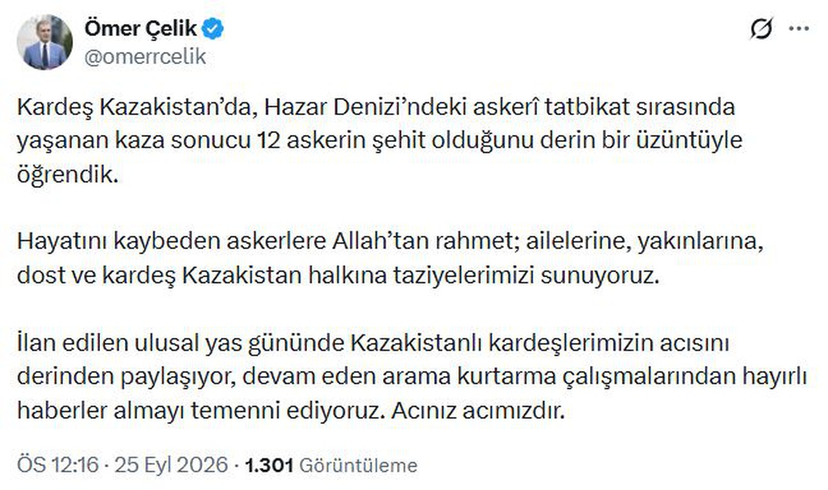 AK Parti'li Çelik'ten, Kazakistan'a taziye mesajı