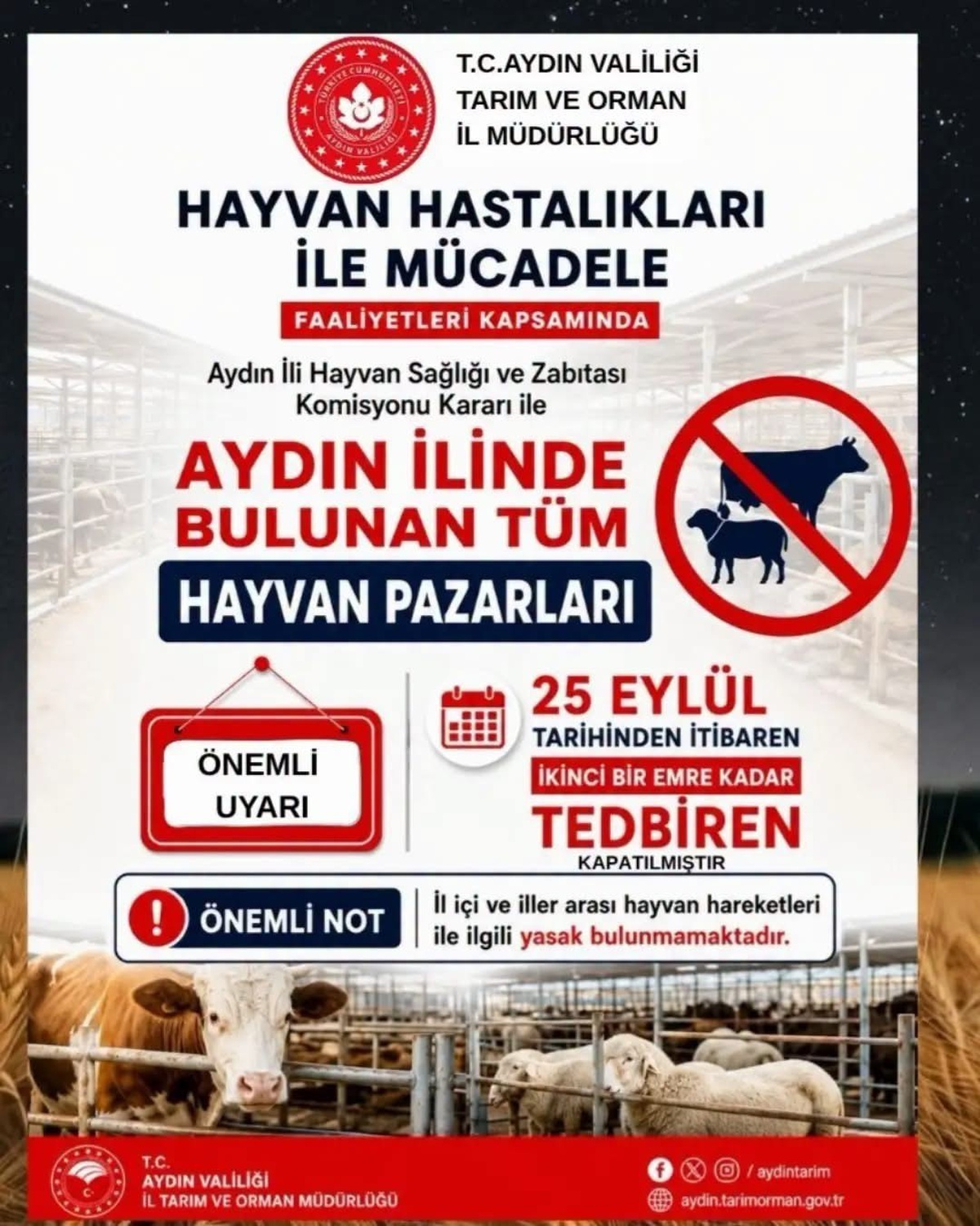 Aydın’da tüm hayvan pazarları 25 Eylül 2026’dan itibaren tedbiren kapatıldı