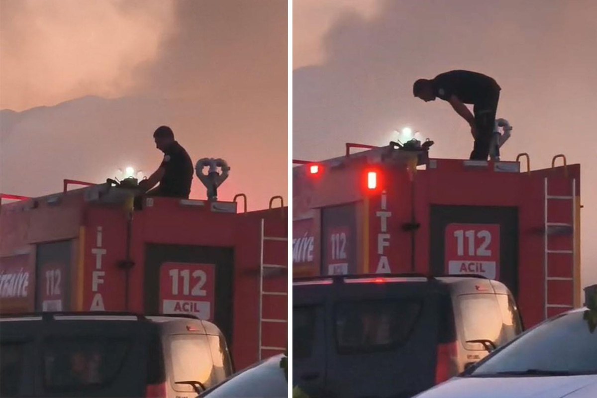 Yangını söndürdü, vakit daralınca itfaiye aracının üstünde namaz kıldı