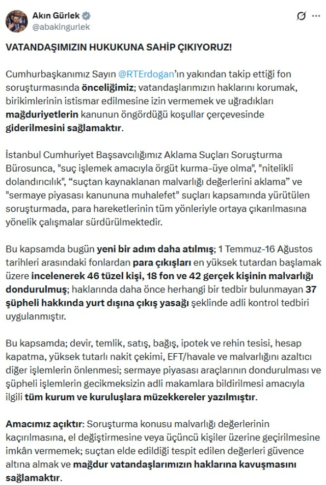 Fon soruşturması kapsamında 46 tüzel kişiye mal varlığı donduruldu