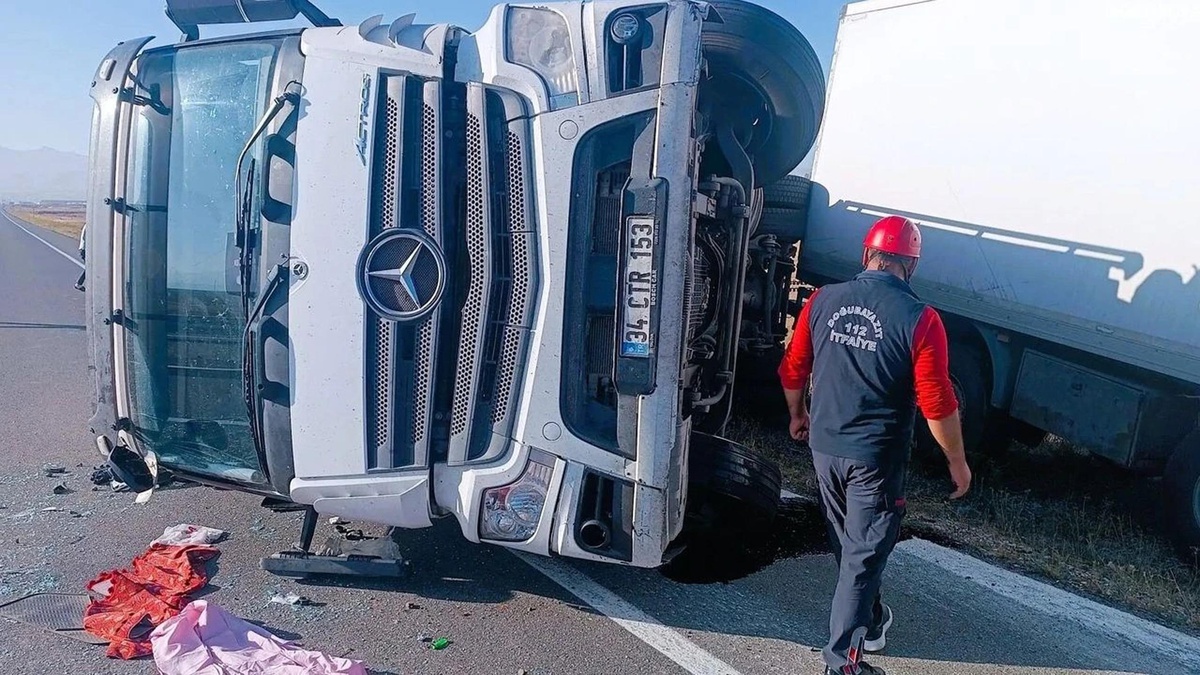 Iğdır'da eşeğe çarpmamak için manevra yapan sürücünün kamyonu devrildi, 2 yaralı