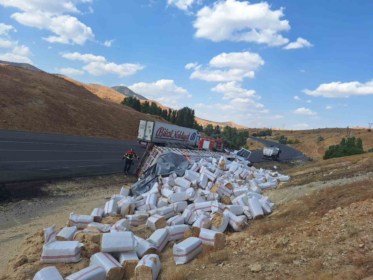 Bingöl’de saman yüklü tır devrilerek alev aldı, 1 kişi hafif yaralandı