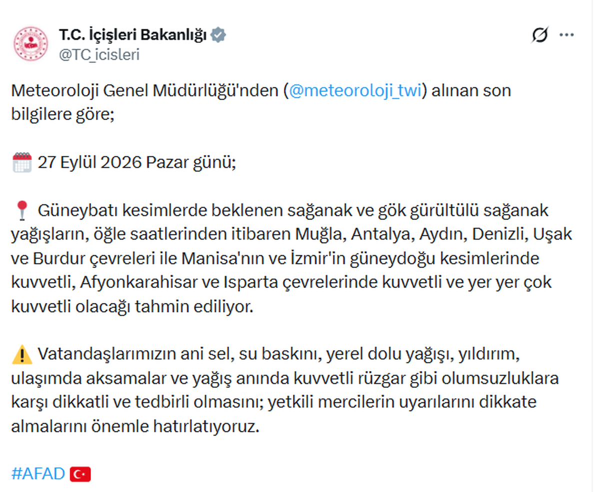 İçişleri Bakanlığı 27 Eylül'de güneybatıda ani sel ve su baskınına karşı uyardı