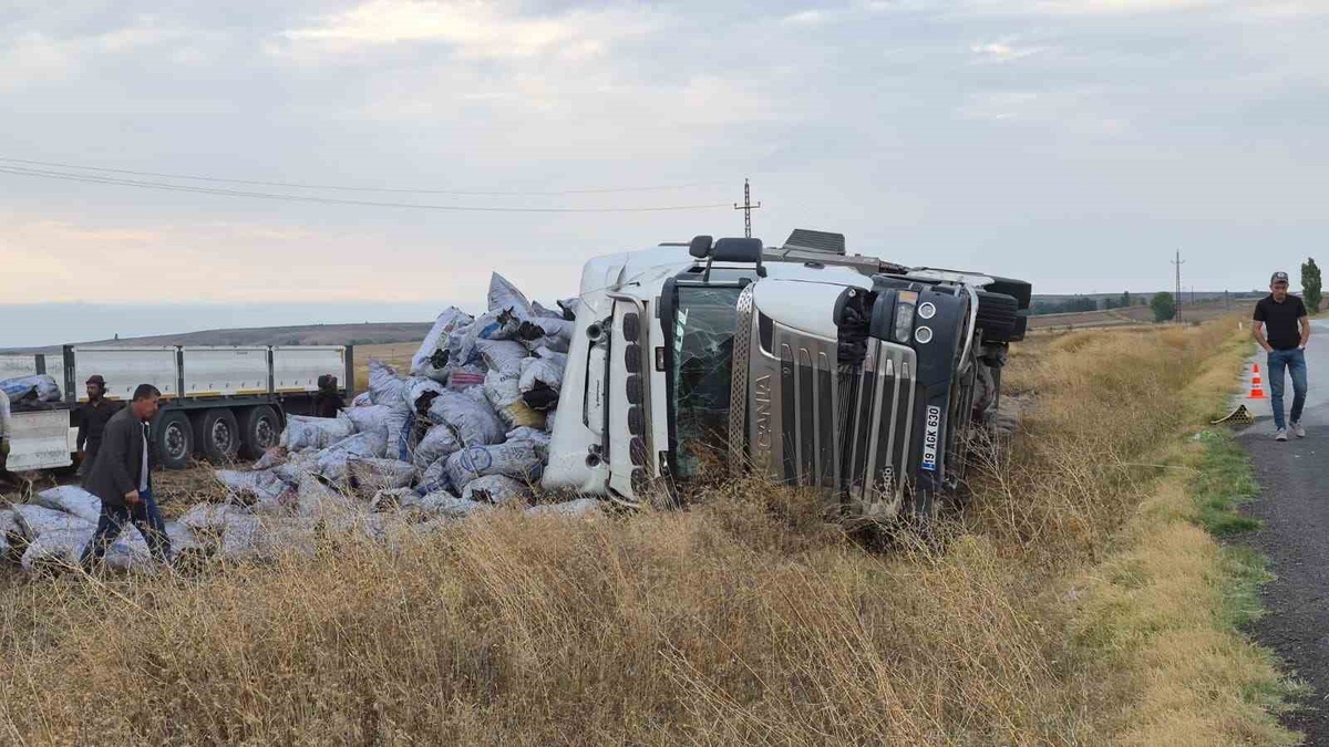 Yozgat Sorgun'da meşe kömürü yüklü tır şarampole devrildi, sürücü yaralandı