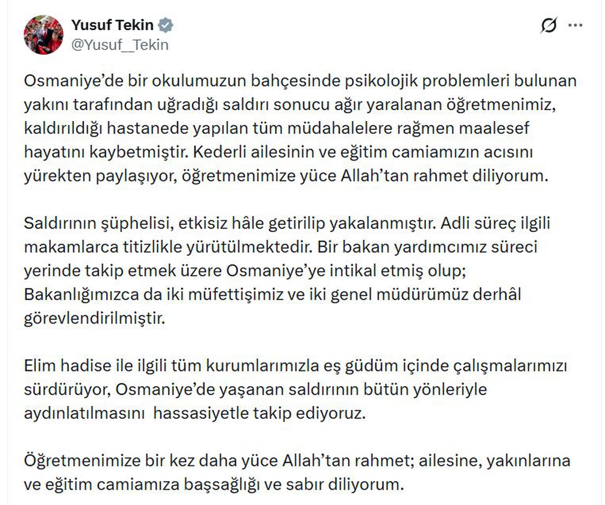 Bakan Tekin, Osmaniye'de saldırı sonucu ölen öğretmen için taziye mesajı yayımladı
