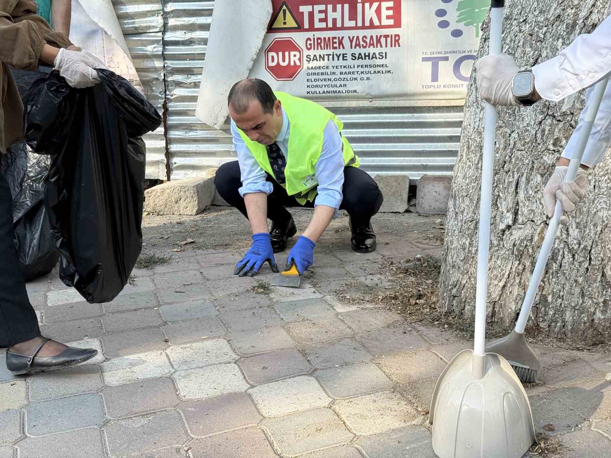 Iğdır Valisi Taşolar, temizlik seferberliğinde otları spatulayla temizledi
