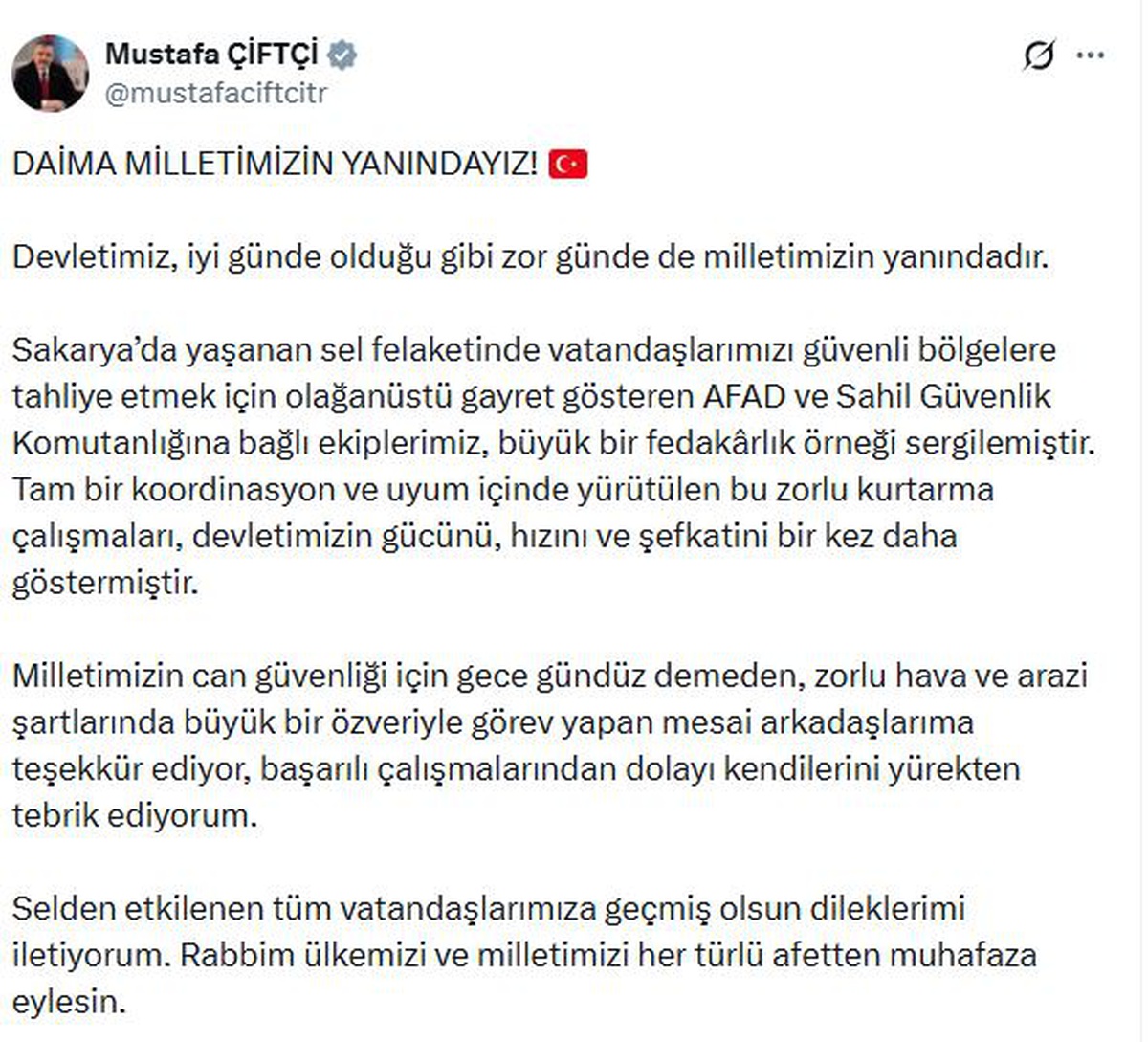 Bakan Çiftçi, Sakarya selinde AFAD ve Sahil Güvenlik ekiplerini tebrik etti