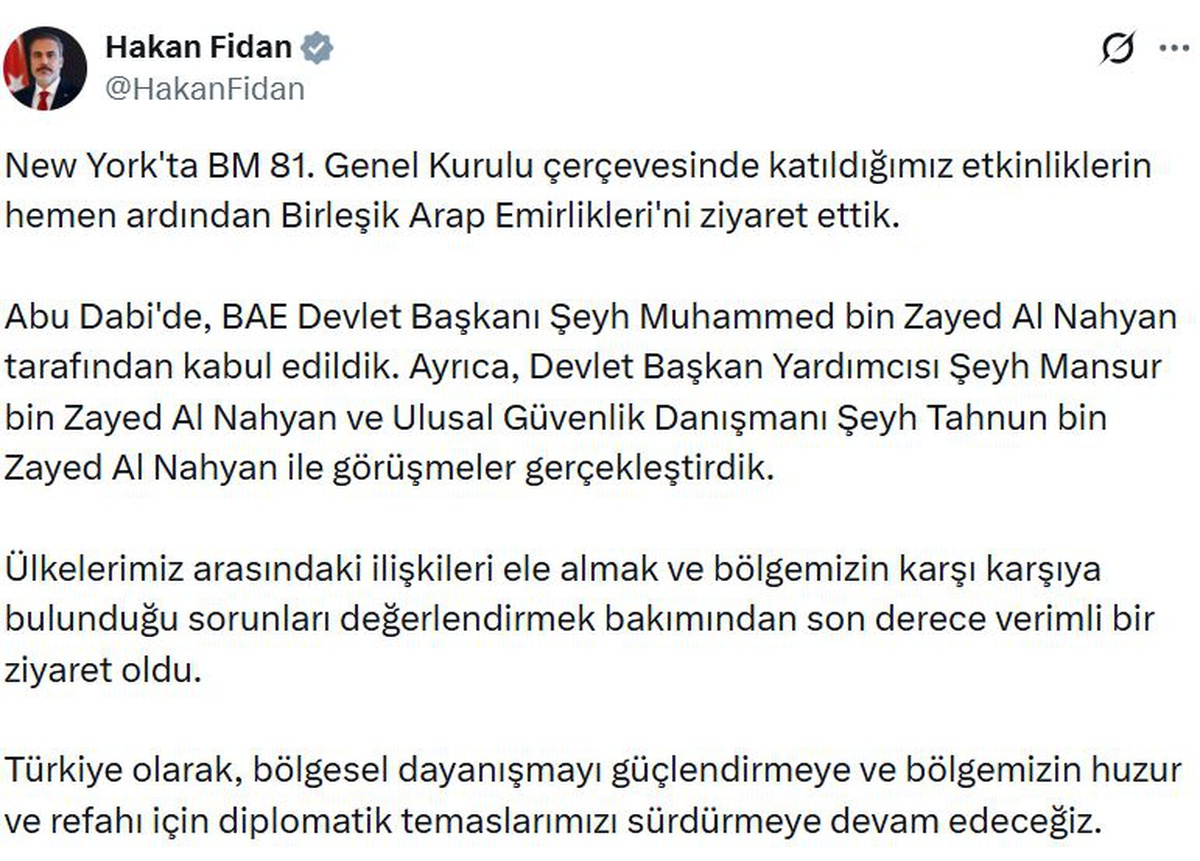 Dışişleri Bakanı Fidan, BAE ziyaretinde Devlet Başkanı tarafından kabul edildi