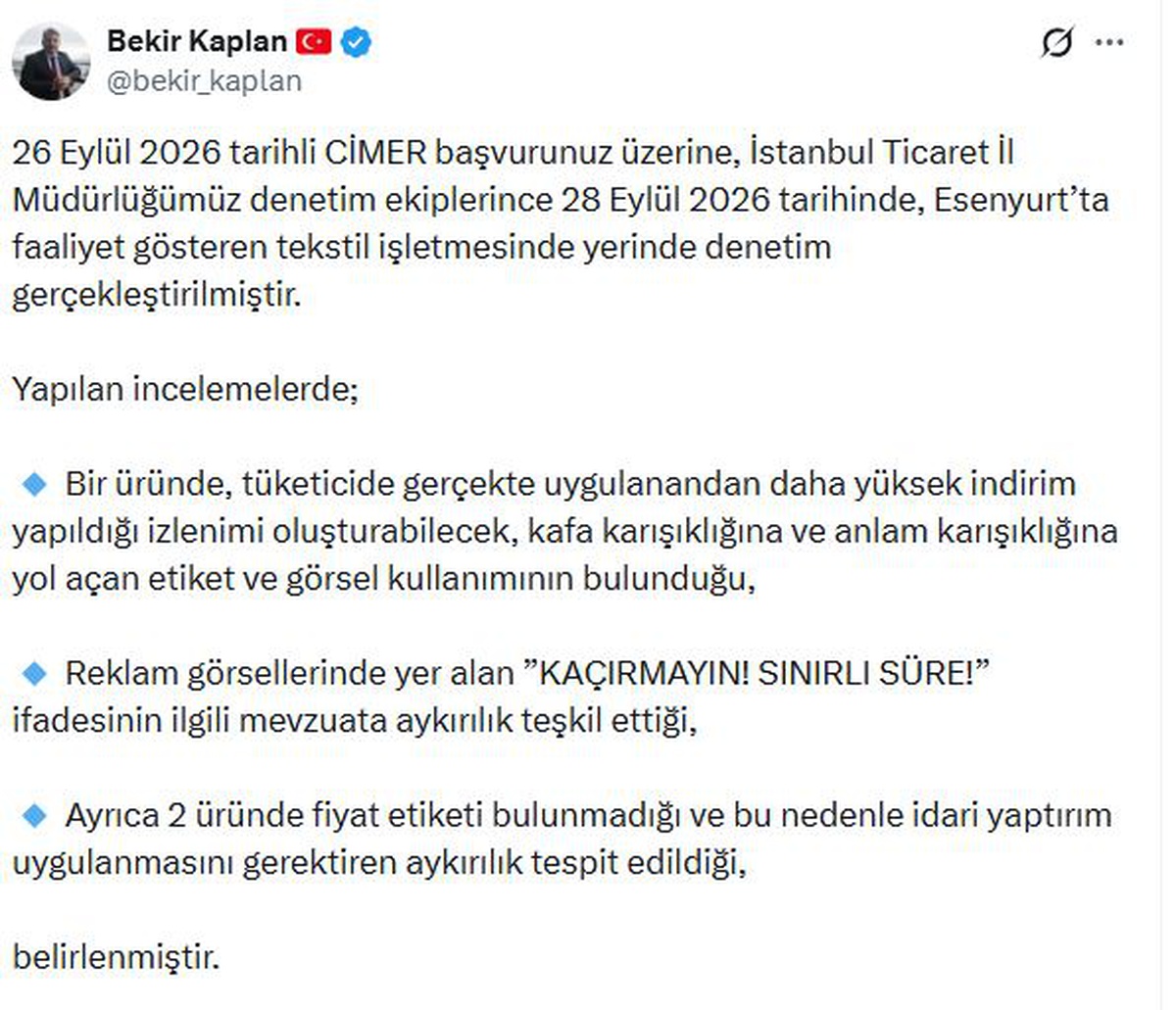 Ticaret Bakanlığı Esenyurt'ta tekstil firmasına idari yaptırım uygulandığını bildirdi