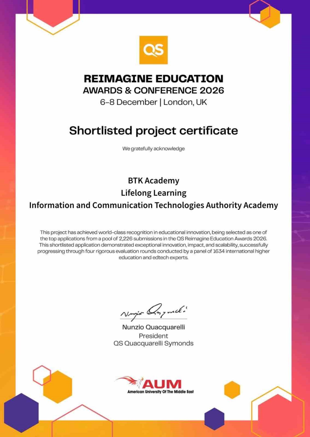 BTK Akademi, QS Reimagine 2026'da Yaşam Boyu Öğrenme kategorisinde kısa listeye girdi