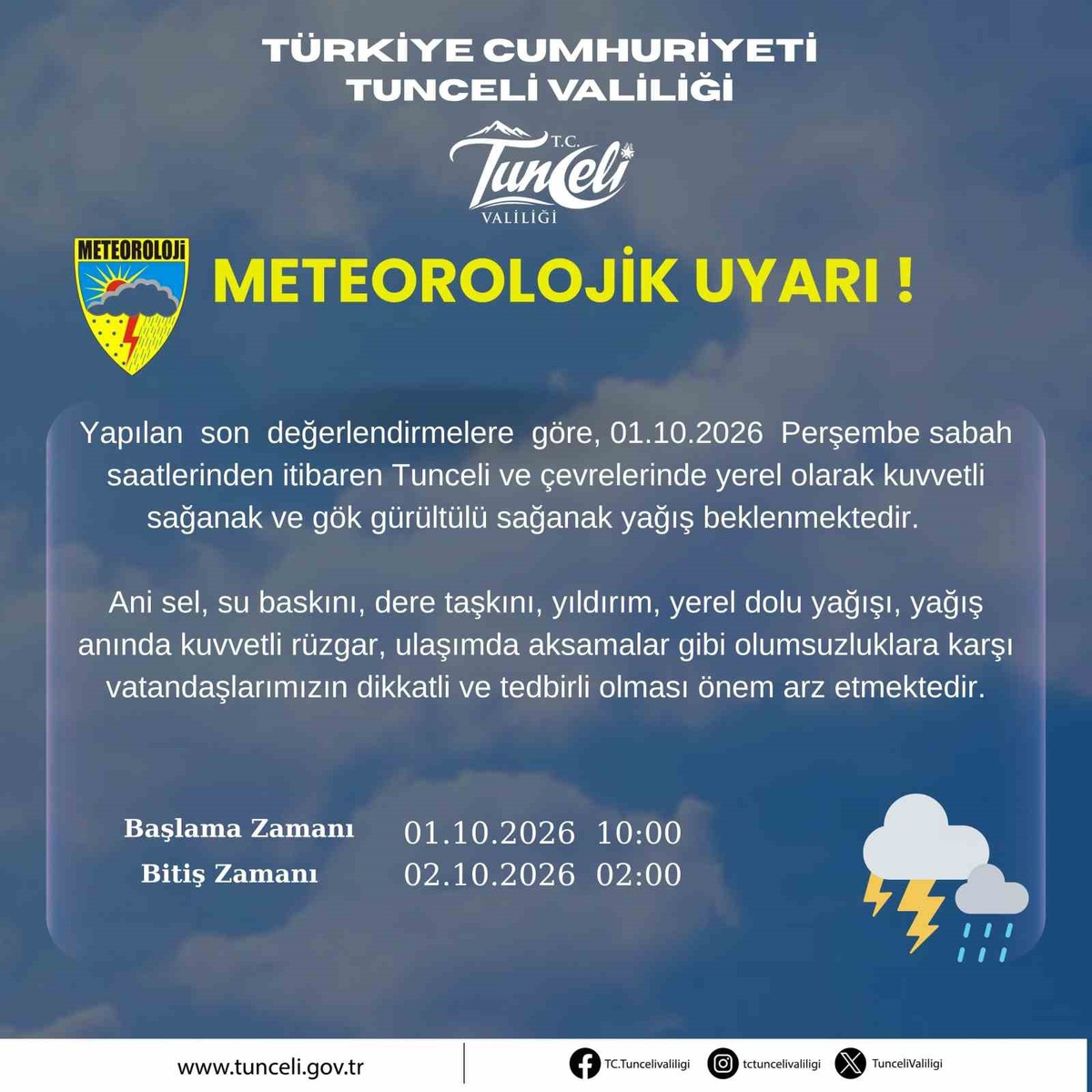 Meteoroloji, Tunceli'de 1 Ekim sabahından itibaren kuvvetli yağış uyarısında bulundu